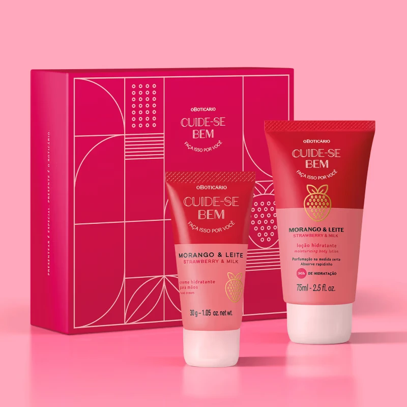 Mini Kit Presente Cuide-se Bem Morango e Leite: Loção Hidratante Desodorante Corporal 75ml + Creme Hidratante para as Mãos 30g