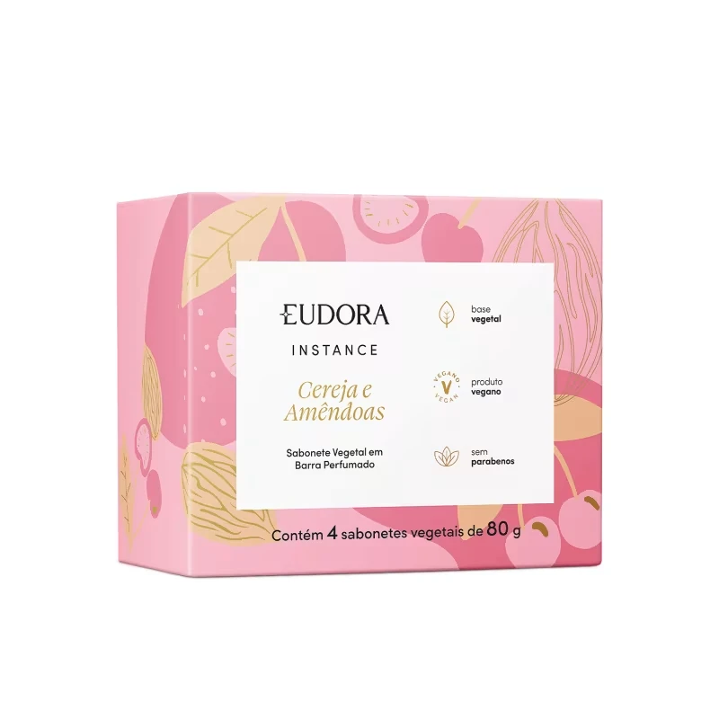 Kit Sabonetes em Barra Vegetal Perfumado Instance Cereja e Amêndoas 4x80g