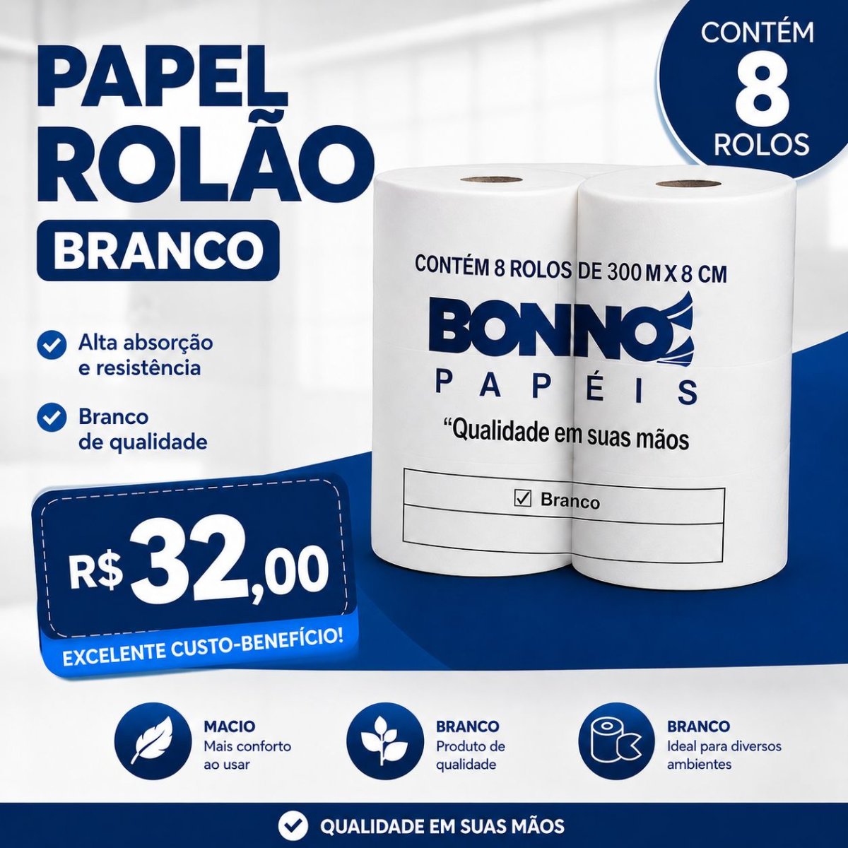 Papel rolão branco com 8 rolos