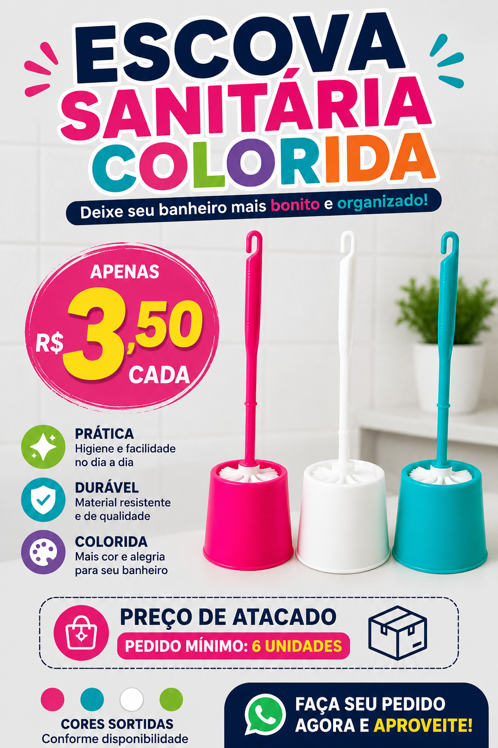 Escova sanitaria com suporte colorido / atacado a partir de 6 un.